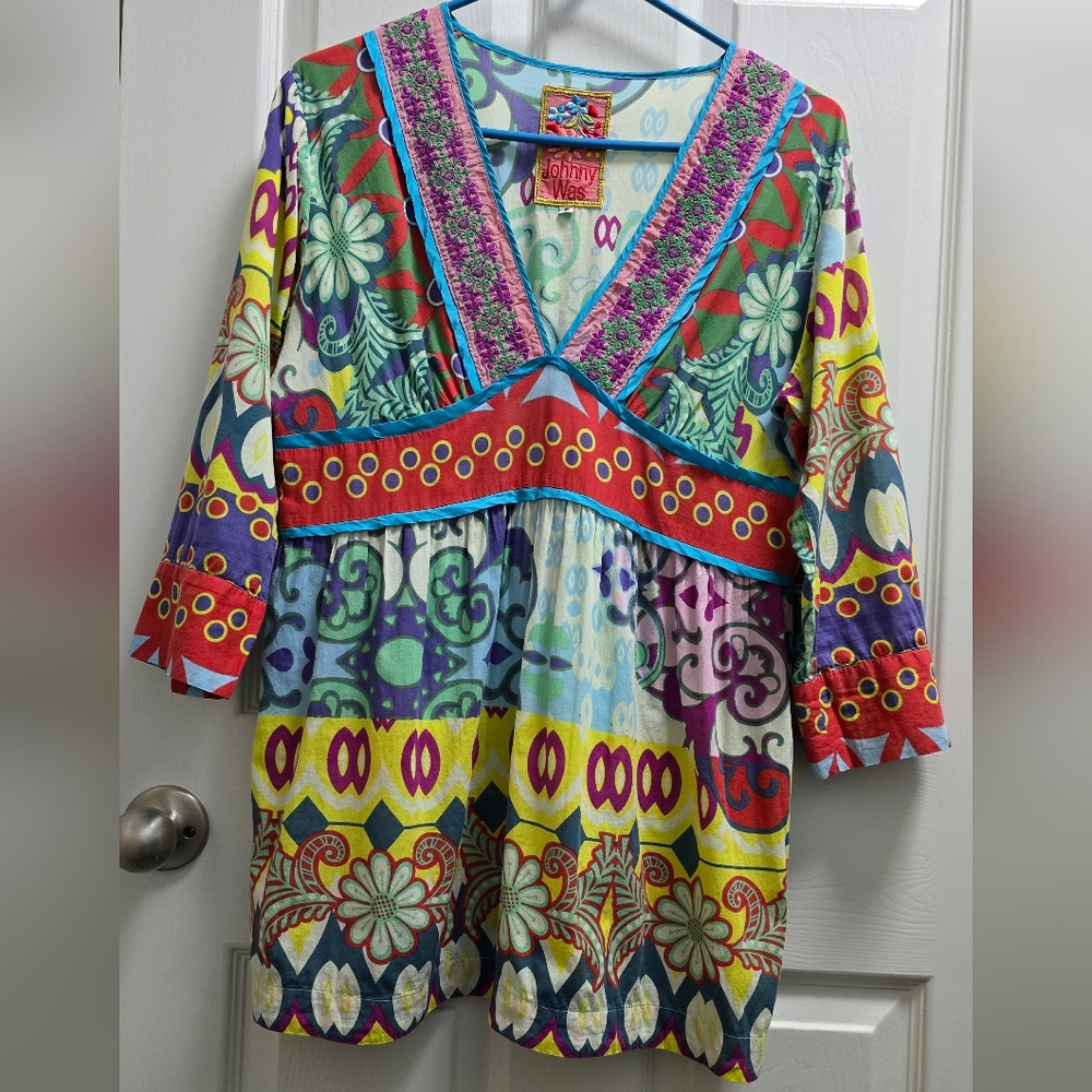 Johnny Was cotton tunic top embroidered colorful boho